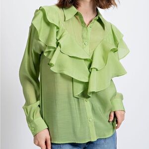 NWT EASEL Bohemian Green Button Up Ruffle Top S M L
